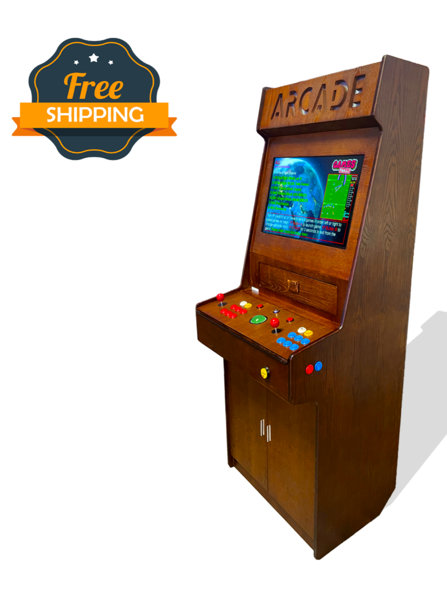 Full-sized two player upright arcade game with wood grain finish