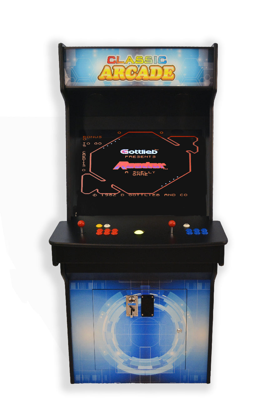 Front view upright arcade machine with classic game display and dual controls