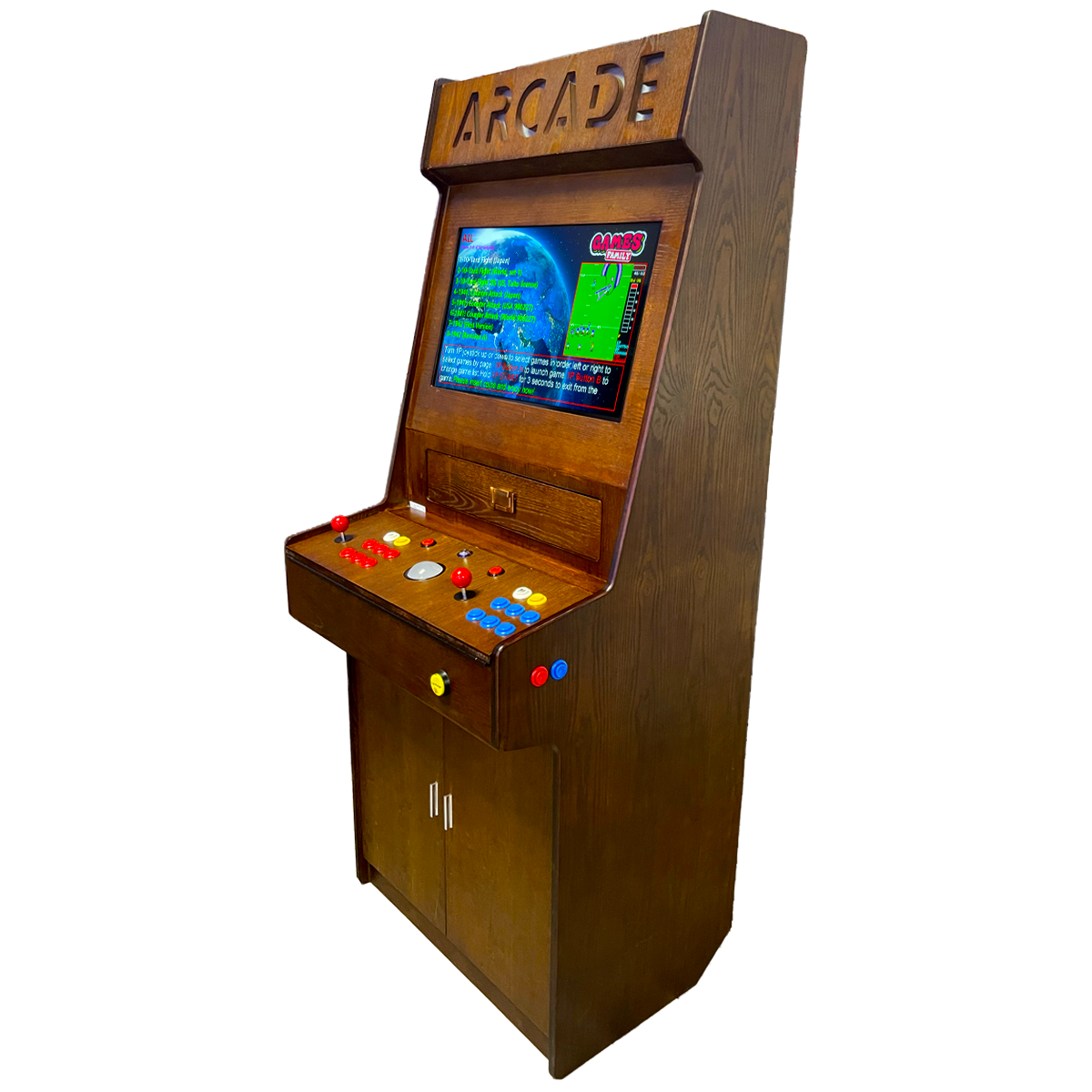 Full-sized two player upright arcade game with wood grain finish