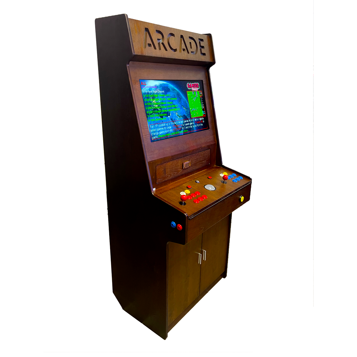 Full-sized two player upright arcade game with wood grain finish