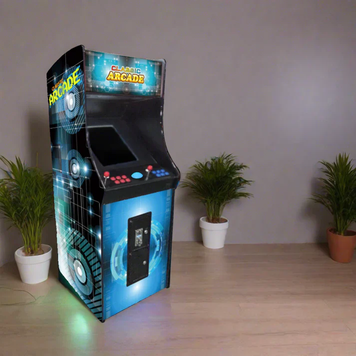 An upright arcade machine in a home setup from Game Room City. 