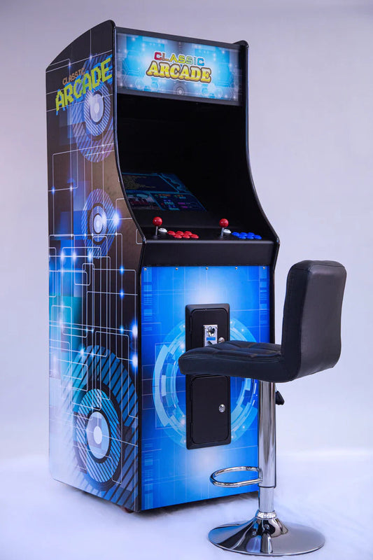 An upright arcade machine with classic games from Game Room City.
