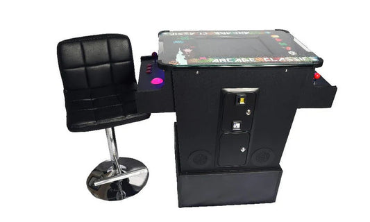 Full-sized cocktail table arcade game with 456 classic and golden age games with trackball.