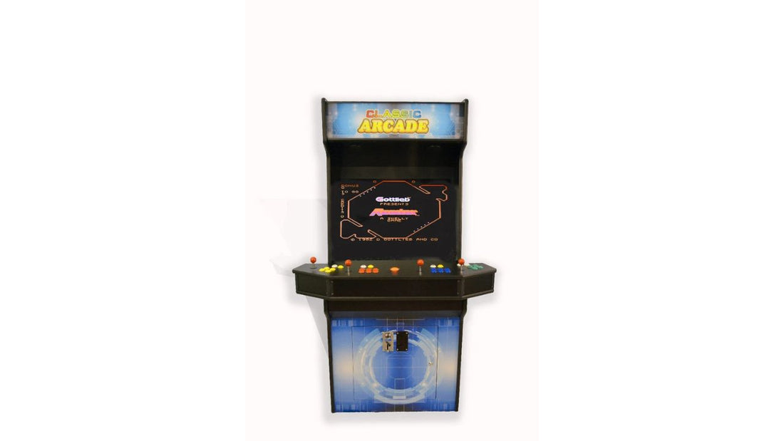 Classic upright arcade cabinet with multi-player controls and a bright screen.