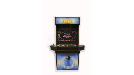Classic upright arcade cabinet with multi-player controls and a bright screen.