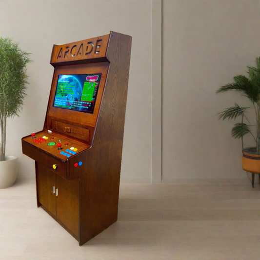 Full-sized two player upright arcade game with wood grain finish