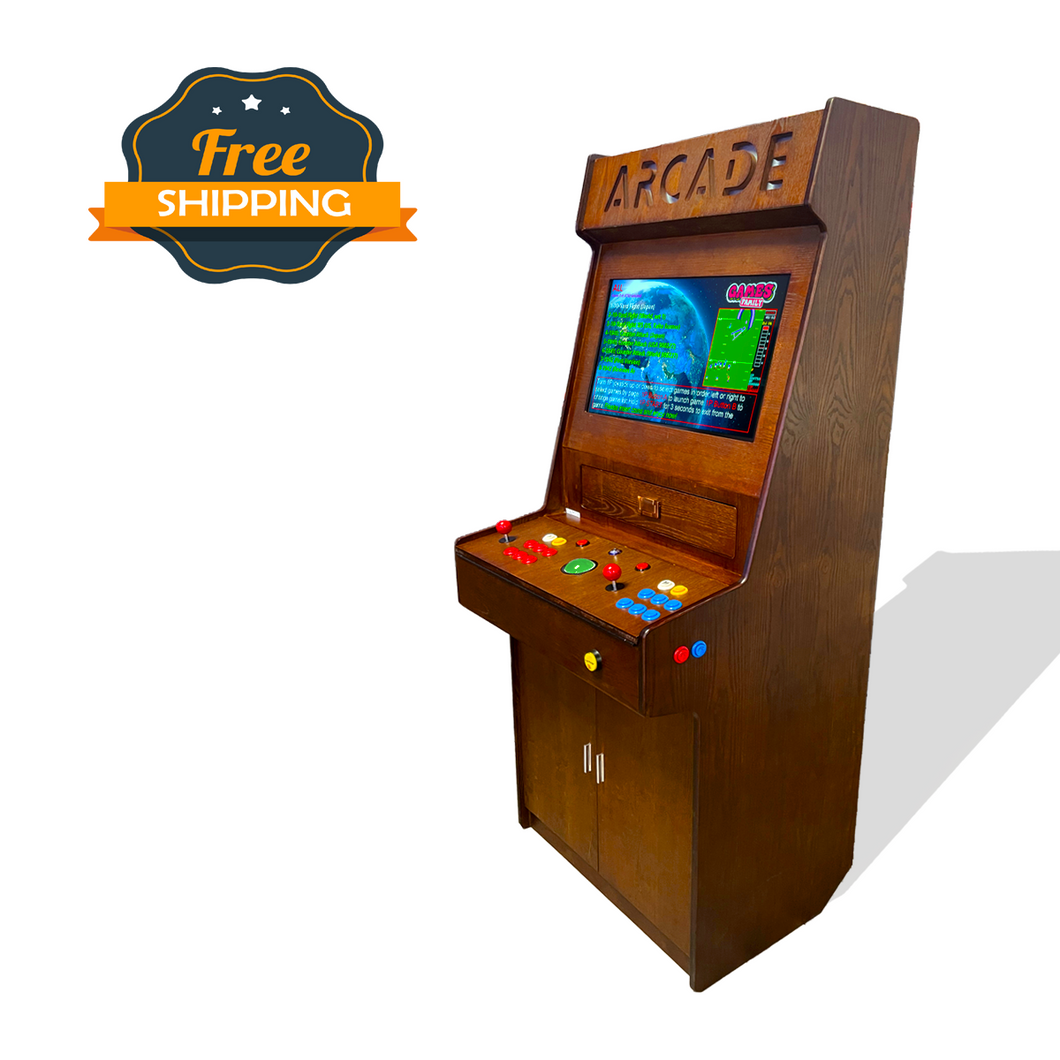 Full-sized two player upright arcade game with wood grain finish