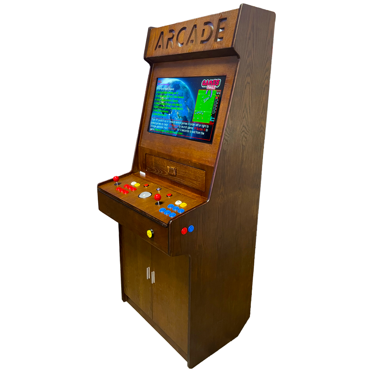 Full-size upright arcade game with wood grain finish