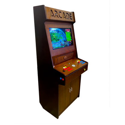 Full-sized two player upright arcade game with wood grain finish