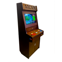 Load image into Gallery viewer, Full-sized two player upright arcade game with wood grain finish

